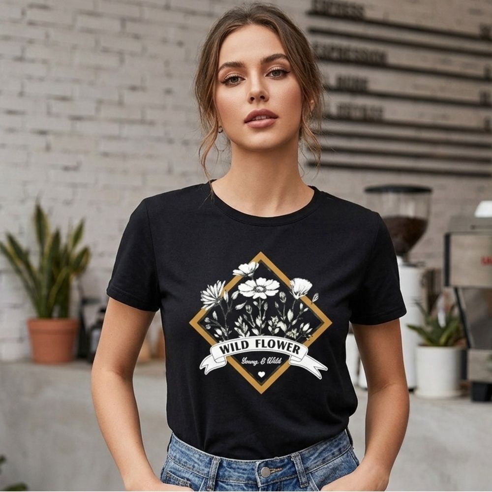 SHEIN Wild Flower Graphic Tee Black Large L Floral Nature Boho Whimsigoth